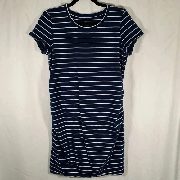 A Glow Maternity Dress Women’s Large Navy White Striped Short Sleeve - Picture 1 of 8